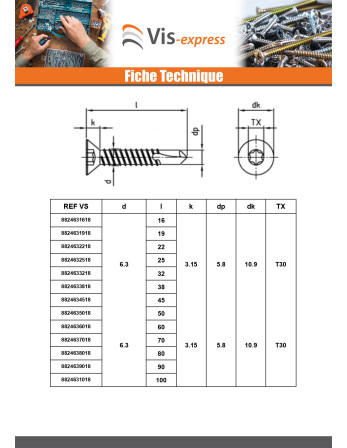 Vis autoperceuse Tête fraisée 4.2X25 TORX T20 Inox AISI 410