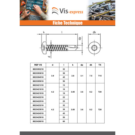 1 x Vis autoperceuse Tête cylindrique TC 4.8X100 TORX T25 Inox AISI 410