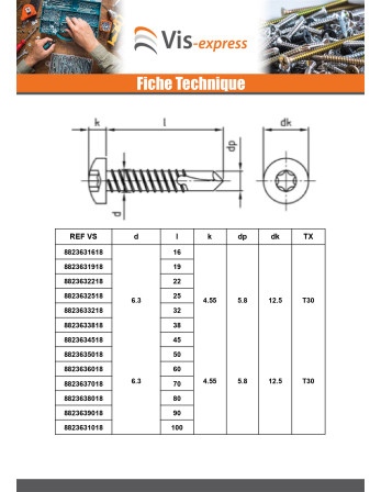 Vis autoperceuse Tête cylindrique TC 4.8X50 TORX T25 Inox AISI 410