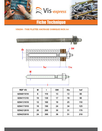Tige filetée Ancrage CHIMIQUE M20X260 Inox A4