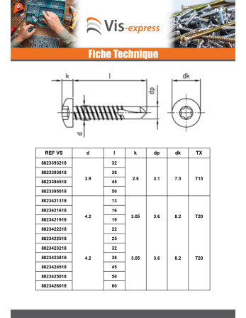 Vis autoperceuse Tête cylindrique TC 5.5X70 TORX T25 Inox AISI 410