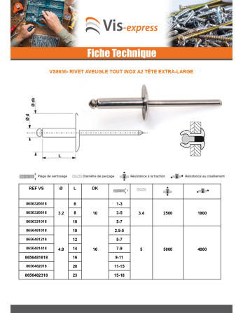 Rivet Aveugle Tout Inox Tête extra large TEL 4.8X12 Epaisseur de serrage 5 à 7