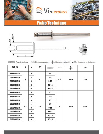Rivet Aveugle Tout Inox A4 Tête plate 4X18