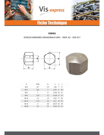 Ecrou borgne Hexagonal BAS Inox A2 M10