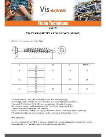 Vis DECK TEKOR Tête fraisée bombée TFB TORX T15 4X45 Pointe antifendage type 17 Inox C2