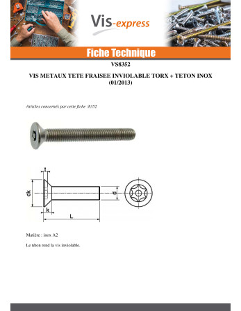 Vis métaux Inox A2 Inviolable Tête fraisée TORX T20 + Téton 4X6