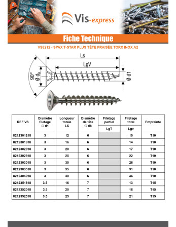 Spax T-STAR PLUS Tête fraisée TORX T10 Inox A2 3X35 Filetage total microvis