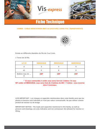 Mètre de Câble monotoron Diamètre 4 Inox A4 GAINE PVC (vendu au m)