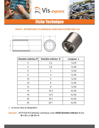 Entretoise Cylindrique Lisse 10X2 Diamètre Intérieur 6 Inox