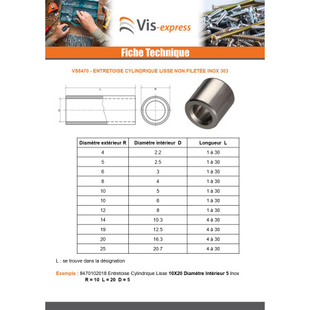 1 x Entretoise Cylindrique Lisse 5X20 Diamètre Intérieur 2.5 Inox