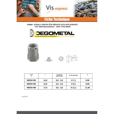 1 x Ecrou Tête réduite SEMI Hexagonal M6X15.5 INRSH IN