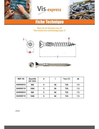 Seau de 500 Vis terrasse 5X50 Inox A2 Tête fraisée TORX T25 Pointe antifendage type 17