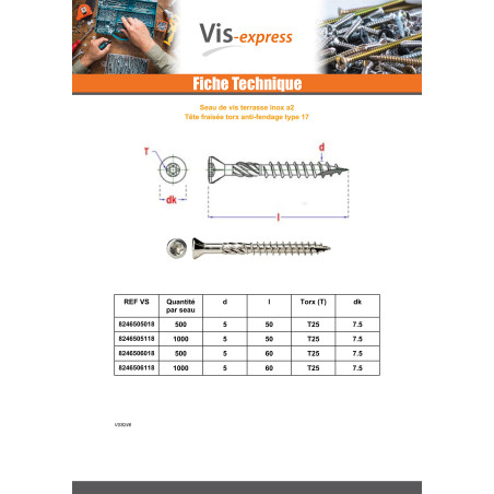 1 x Seau de 500 Vis terrasse 5X50 Inox A2 Tête fraisée TORX T25 Pointe antifendage type 17