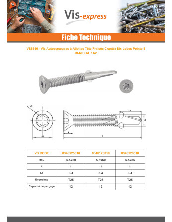 Vis autoperceuse Bimétal Tête fraisée TORX T25 Foret Long 5.5X60