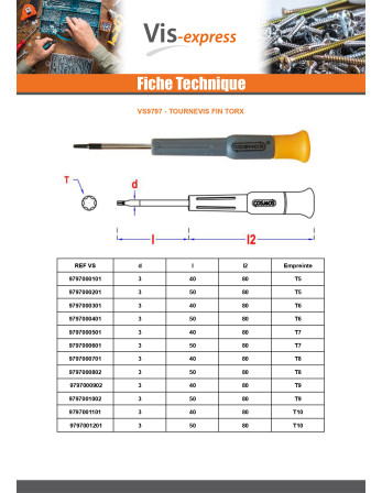 Tournevis fin TORX T5 Longueur total 80 Longueur tige métallique 50