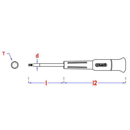 1 x Tournevis fin TORX T9 Longueur total 80 Longueur tige métallique 40