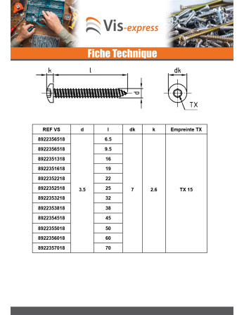 Vis tôle Tête cylindrique bombée TCB 5.5X100 TORX T25 Inox A4