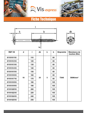 Vis charpente tête disque Inox A2 4X50 Filetée sur 30 TORX T20 Diamètre de tête: 12