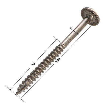 1 x Vis charpente tête disque Inox A2 6X100 Filetée sur 70 TORX T25 Diamètre de tête: 15