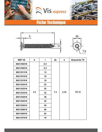 Vis tôle Tête fraisée 3.5X70 TORX T15 Inox A4