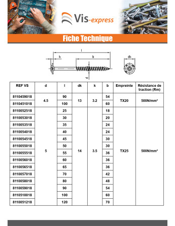 Vis charpente tête disque Inox A2 6X65 Filetée sur 36 TORX T25 Diamètre de tête: 15