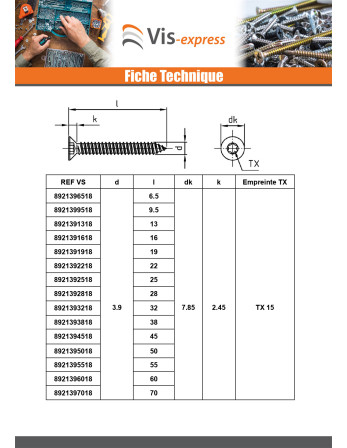 Vis tôle Tête fraisée 3.9X60 TORX T15 Inox A4