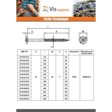 1 x Vis charpente tête disque Inox A2 3X30 Filetée sur 18 TORX T10 Diamètre de tête: 9