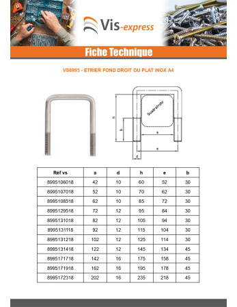 Etrier Fond droit ou plat 105X82X105 M12/30/30 Inox A4
