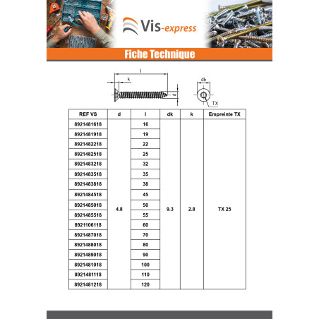 1 x Vis tôle Tête fraisée 2.9X13 TORX T10 Inox A4