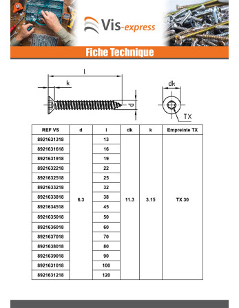 Vis tôle Tête fraisée 2.9X13 TORX T10 Inox A4