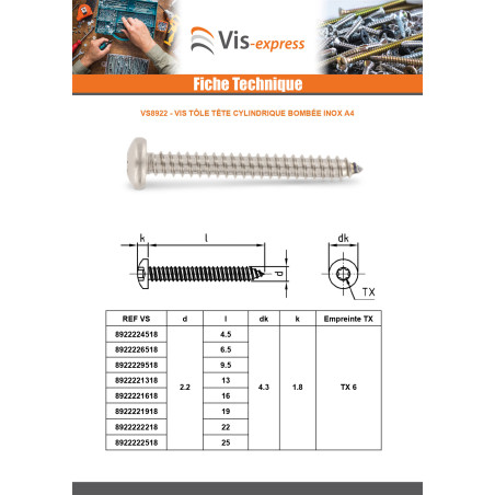 1 x Vis tôle Tête cylindrique bombée TCB 2.9X16 TORX T10 Inox A4
