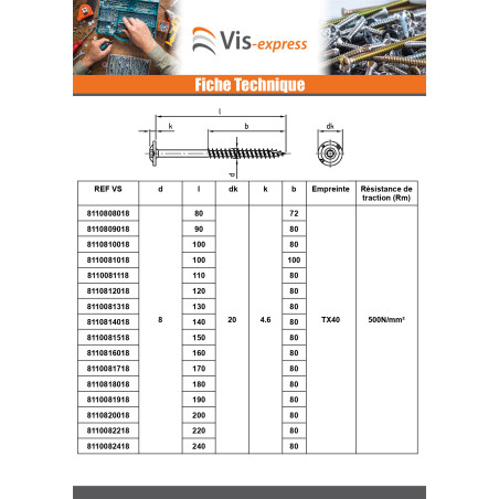 1 x Vis charpente tête disque Inox A2 3X25 Filetée sur 18 TORX T10 Diamètre de tête: 9