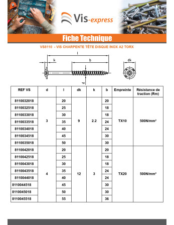 Vis charpente tête disque Inox A2 4X25 Filetée sur 18 TORX T20 Diamètre de tête: 12