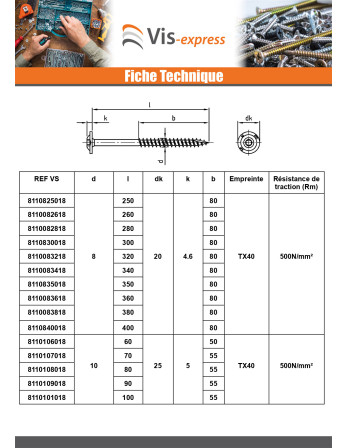 Vis charpente tête disque Inox A2 4X25 Filetée sur 18 TORX T20 Diamètre de tête: 12