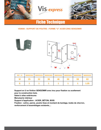 Sabot de charpente Forme U support poutre 32X75 Sendzimir
