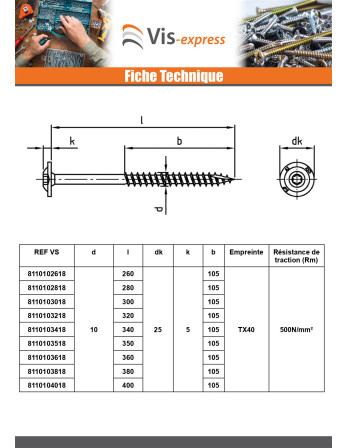 Vis charpente tête disque Inox A2 6X140 Filetée sur 70 TORX T25 Diamètre de tête: 15