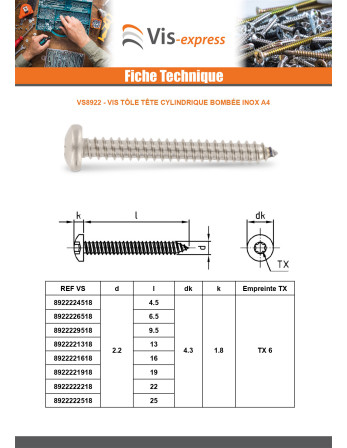 Vis tôle Tête cylindrique bombée TCB 6.3X80 TORX T30 Inox A4