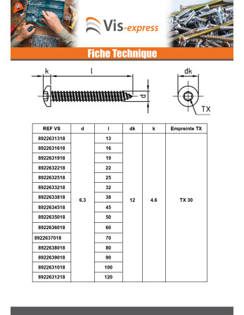 Vis tôle Tête cylindrique bombée TCB 5.5X70 TORX T25 Inox A4