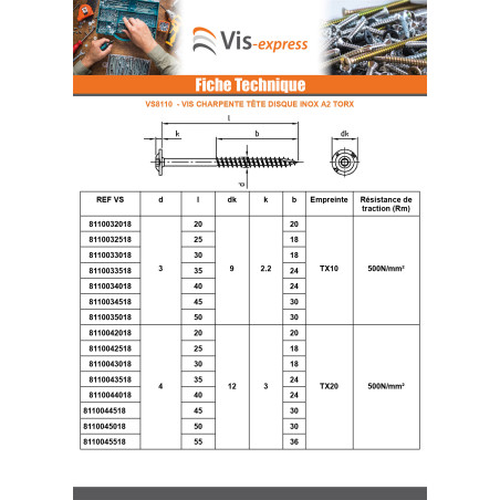 1 x Vis charpente tête disque Inox A2 3X45 Filetée sur 30 TORX T10 Diamètre de tête: 9