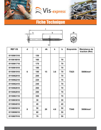 Vis charpente tête disque Inox A2 4X65 Filetée sur 36 TORX T20 Diamètre de tête: 12