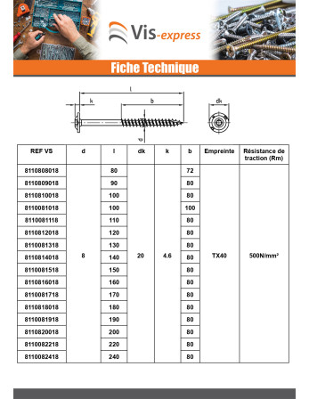 Vis charpente tête disque Inox A2 8X170 Filetée sur 80 TORX T40 Diamètre de tête: 20