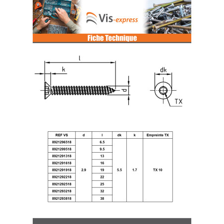 1 x Vis tôle Tête fraisée 4.8X38 TORX T25 Inox A4