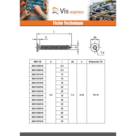 1 x Vis tôle Tête fraisée 5.5X60 TORX T25 Inox A4