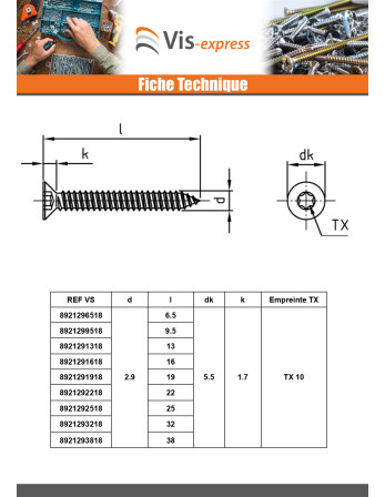 Vis tôle Tête fraisée 3.9X9.5 TORX T15 Inox A4