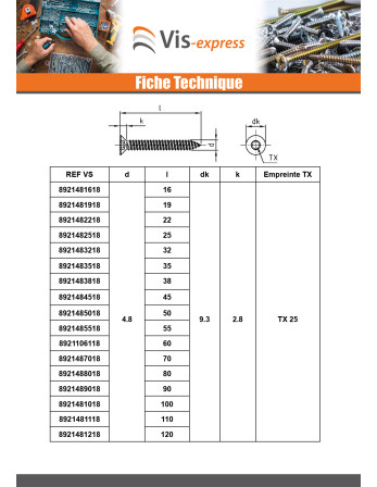 Vis tôle Tête fraisée 3.9X9.5 TORX T15 Inox A4