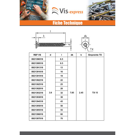 1 x Vis tôle Tête fraisée 4.8X50 TORX T25 Inox A4