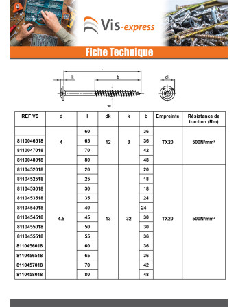 Vis charpente tête disque Inox A2 8X220 Filetée sur 80 TORX T40 Diamètre de tête: 20