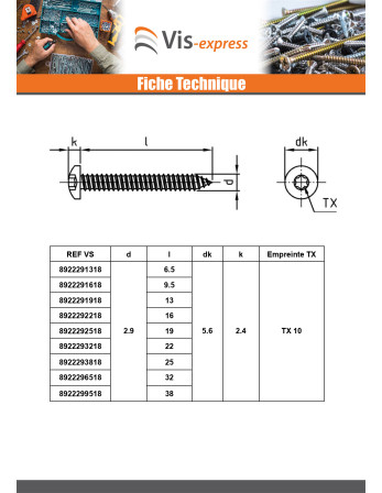 Vis tôle Tête cylindrique bombée TCB 4.8X22 TORX T25 Inox A4