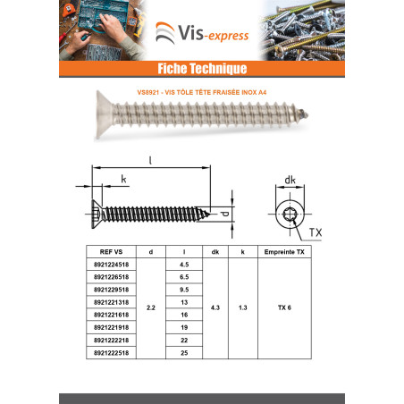 1 x Vis tôle Tête fraisée 5.5X22 TORX T25 Inox A4