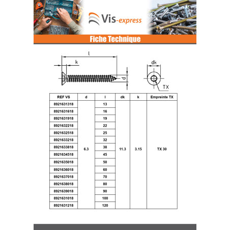 1 x Vis tôle Tête fraisée 3.9X22 TORX T15 Inox A4